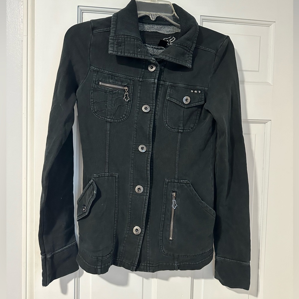 Fox - woman’s “vintage” button up sweatshirt/lightweight jacket - black - small